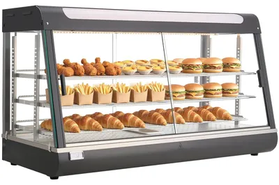 Obrázok produktu pre Vitrína na udržiavanie teploty – pult na ohrev jedál – 3 poschodia – objem 180 l – príkon 1600 W – teplota 30–85 °C – LED osvetlenie – nastaviteľné police