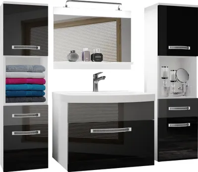 Produktbild von BELINI Badmöbel Vollausstattung Set Waschbeckenschrank, 2x Hochschrank, Waschbecken, Spiegel, Lampe (Schwarz/ Silber, Glänzend)