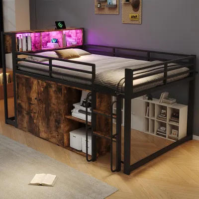 Produktbild von Metallbett Hochbett mit Stauraumschrank Regalfächern LED Steckdose Leiter, 120x200 cm schwarz-holz