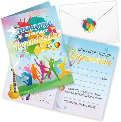 Productafbeelding van Famanu uitnodigingskaarten voor de overgangsrite, inclusief enveloppen en stickers - in vrolijke kleuren