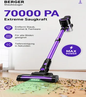Produktbild von BERGER Akku Staubsauger, Staubsauger, Kabellos, 70000 Pa , 60 min Laufzeit, Stielstaubsauger, Berger, 1.8L, Sauger mit Touch, Tierhaar,