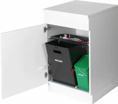 A white cabinet with a pull-out trash system inside, featuring two bins.