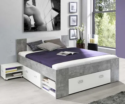 Funktionsbett Jugendbett BOB in Betonoptik und Weiß mit ausziehbaren Schubkästen, Gesamtansicht.