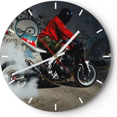 Produktbild von Wanduhr - Rund - Glasuhr - Motorrad motorradfahrer graffiti - 30x30cm - Schleichendes Uhrwerk - Lautlos - zum Aufhängen bereit - Dekoration Modern - Wanddekoration aus Glas - C3AR30x30-2265