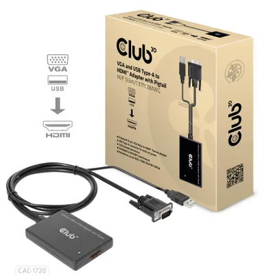 Produktbild von CLUB3D VGA and USB Type-A to HDMI Adapter with Pigtail M/F 0.6m/1.97ft 28AWG, 0,6 m, HDMI Typ A (Standard), VGA (D-Sub) + USB, Buchse, Stecker, Gerade