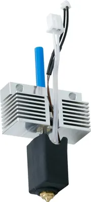 A 3D printer hotend assembly with a heatsink, nozzle, and silicone sock, isolated on a white background.
