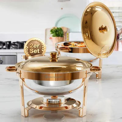 Produktbild von Buffet Chafing Dish Warmhaltebehälter - Rund 5QT 4,7 l - 2er Set Speisenwärmer - Für Buffet, Party, Hochzeit - Roségold