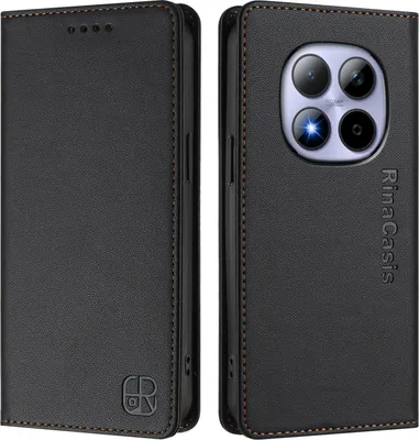 A black leather flip wallet case for a smartphone, shown from both the front and back.