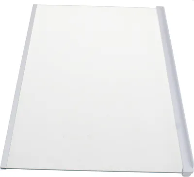 A flat, rectangular glass shelf with gray trim on the left and right edges, presented on a white background.
