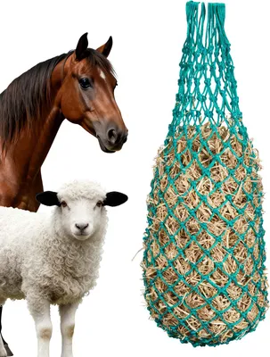 Obrázek produktu pro Síť na seno VEVOR, 4 balení, délka prodloužení 0,9 m, velikost ok 38x38 mm, materiál PE na pytle na seno, se čtyřmi karabinami, pro pomalé zavěšování a krmení sena pro koně, ovce, skot, alpaky atd.
