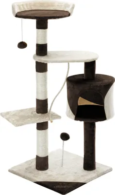 Produktbild von CADOCA® Kratzbaum 112 cm Braun-Beige mit Höhle + 3 Plattformen + 2 Spielbälle + 1 Spielseil Kratzstamm Katzenkratzbaum Katzenmöbel Katzenschlafplatz