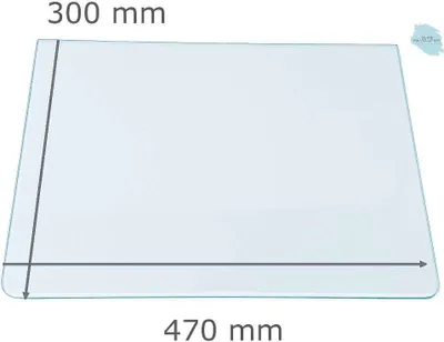 A glass pane with dimensions indicated by measurement lines and text.