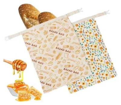 Produktbild von 2 Stück wiederverwendbare Bienenwachs-Brotbeutel - Groß 43x33cm zur Lagerung von Sauerteig- und hausgemachtem Brot | Vollkommen natürliche Bienenwachs-Präservierung, umweltfreundliche Baumwoll-Ess