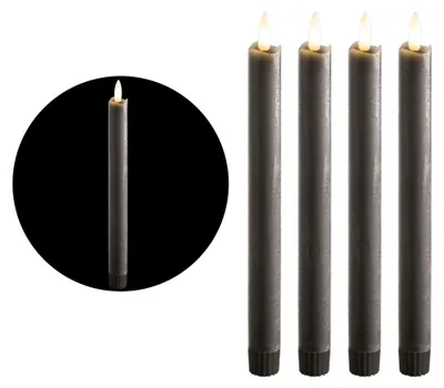 Produktbild von Stabkerzen LED mit Timer GRAU 4 Stück GRAU indoor - 6 Stunden - ECHTWACHS 23cm Höhe für Kerzen 2,2cm Durchmesser 2 AAA Batterien notwendig LED Stabkerzen flackernde Flamme bewegliche Flamme Licht