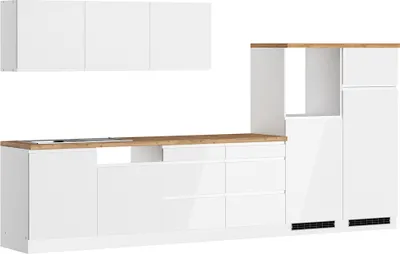 Produktbild von Küchenzeile 360 cm in Hochglanz weiß, Arbeitsplatte Eiche MARSEILLE-03