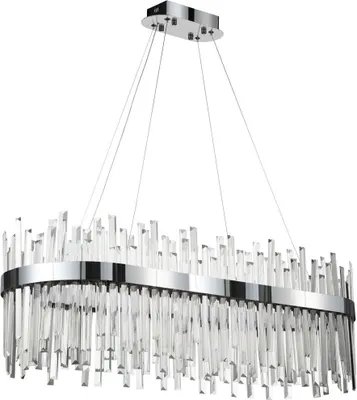 A rectangular chandelier with clear crystal accents hanging from a chrome base.
