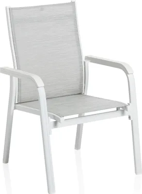 A white outdoor chair with a light gray fabric seat and back.