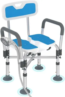 Immagine prodotto di Sedia da doccia QEENTOE con apertura igienica, sedile da doccia regolabile in altezza con schienale e braccioli, piedini antiscivolo, portata massima 180 kg
