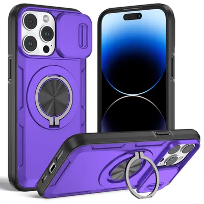 Produktbild von Magnetische Hülle für iPhone 14 Pro, Militär Stoßfest Handyhülle mit Kameraschutz und Ringhalter Ständer Lila