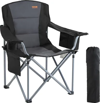A foldable camping chair with a carrying bag next to it, presented against a white background.