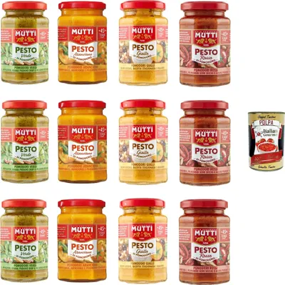 Produktbild von Mutti Pesto Testpaket Pomodori Tomatenpesto Pasta Sauce 100% italienische Tomate Glas 12x 180g Würzsaucen mit Cashewnüssen, Grana Padano und Pecorino Romano + Italian Gourmet polpa 400g