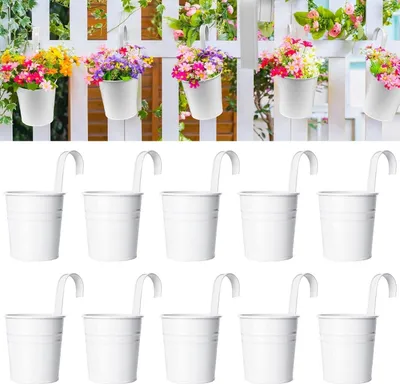 Produktbild von 10 Stück Metall Hängende Blumentöpfe 10cm Weiße Pflanztöpfe für Geländer Balkon Zaun Garten Heimdekoration mit Abnehmbarem Haken