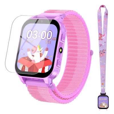 A children's smartwatch with a pink strap and a screen displaying a cartoon unicorn.