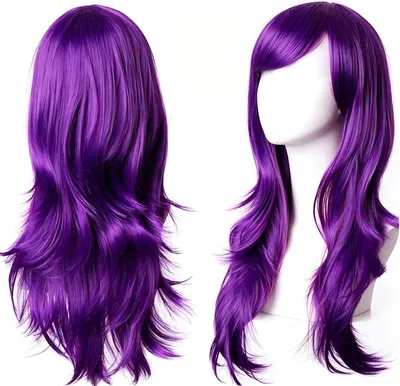 Imagen del producto de Peluca de cosplay, 70 cm de largo, color púrpura, rizada, sintética, resistente al calor, con flequillo, ideal para anime