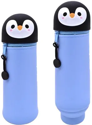 Imagen del producto de Estuche de plástico 2 en 1 con soporte para escritorio, color azul, diseño de pingüino
