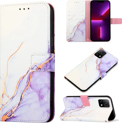 Produktbild von VIVO Y31S 5G Hülle, Marmor Motiv Kunstleder Tasche Wallet Kartenfächer mit Standfunktion Klapp Schutzhülle für VIVO Y31S 5G Weiß Lila