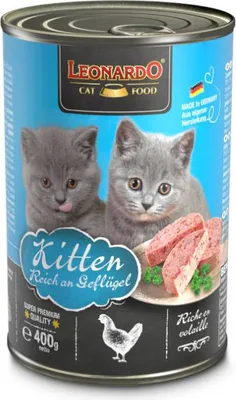 A can of Leonardo cat food for kittens, featuring images of kittens and the food.