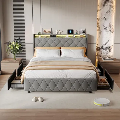 Image de Lit 160 x 200 cm avec espace de rangement, éclairage LED et port USB, lit simple rembourré avec 4 tiroirs, sommier à lattes, revêtement en velours, gris