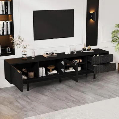 Image de OKWISH Meuble TV moderne avec 2 portes et 2 tiroirs, grand espace de rangement pour téléviseur jusqu’à 80 pouces, noir