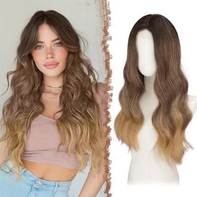 Produktbild von Perücke Lace Front Lang Gewellt Braun Ombre Blond 60 cm Synthetik Verstellbar