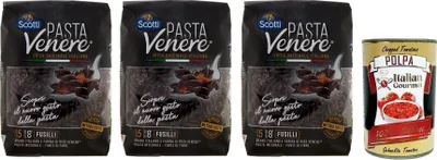 Produktbild von 3x Riso Scotti Pasta Venere Fusilli,Pasta aus Hartweizengrieß und Schwarzem Venere-Vollkornreismehl,Packung mit 400g + Italian Gourmet Polpa di Pomodoro 400g Dose