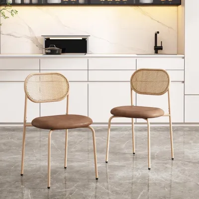 Immagine prodotto di Set di 2 sedie da pranzo - Moderne sedie lounge marroni con dettagli in rattan e quattro gambe in metallo