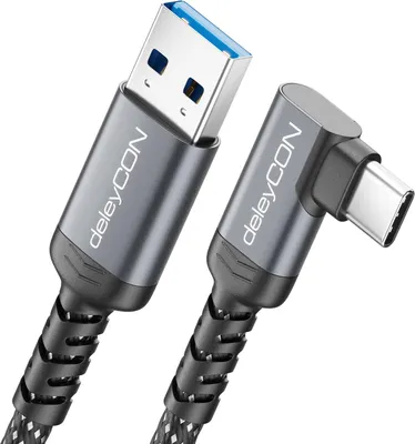 A close-up studio shot of a deleyCON USB-A to USB-C cable with a 90-degree angled USB-C connector.