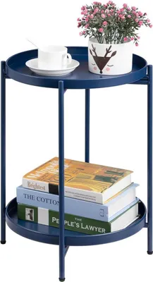 Produktbild von Beistelltisch Rund Metall, 2 Ebenen Dunkelblau für Wohnzimmer,Schlafzimmer,Terrasse