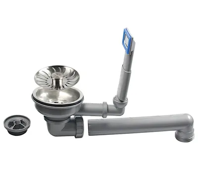 A sink drain and overflow assembly kit against a white background.