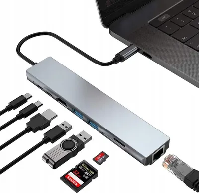 Produktbild von adapter 8 w 1 Type-C Hub do 4K HDMI / USB 3.0 / USB-C (dane) / TF / SD / LAN RJ45 Gigabit Ethernet / PD 87W do MacBooka / laptopa z systemem Windows