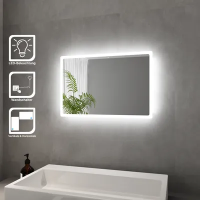 A bathroom mirror with LED lighting is shown above a bathtub.