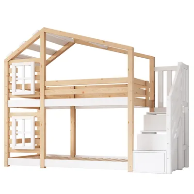 Produktbild von Flieks Etagenbett 90x200cm Kinderbett mit Treppe, Hochbett mit Rausfallschutz, Hausbett Massivholz mit Lattenrost für 2 Kinder
