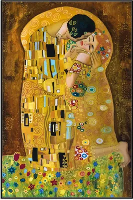 Produktbild von Wallario Wandbild Der Kuss von Klimt, Größe: 61 x 91,50 cm, Poster mit schwarzem Aluminiumrahmen