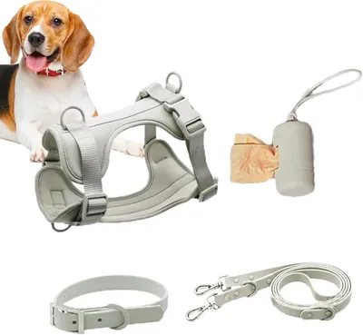 Produktbild von Hundegeschirr-Set für kleine Hunde mit Halsband und Leine - Weste mit verstellbarem Sicherheitsgeschirr und Kotbeutelhalter