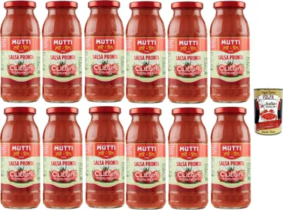 Produktbild von Mutti Salsa Pronta Ciliegini Gusto Fresco Fertige Soße Kirschtomate Italienische Tomate Glasflasche 12x 300g + Italian Gourmet polpa 400g