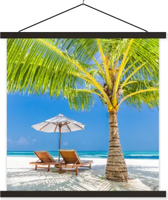 Produktbild von MuchoWow® Textilposter Palme - Strandkorb - Sonnenschirm 40x40 cm mit schwarzem Rahmen - Fotos