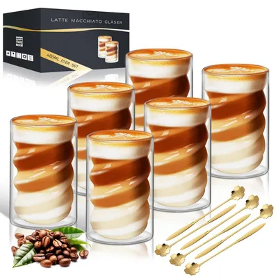 Produktbild von Latte Macchiato Gläser Doppelwandig 6er Set 400ml mit 6 Löffeln Borosilikatglas Thermogläser