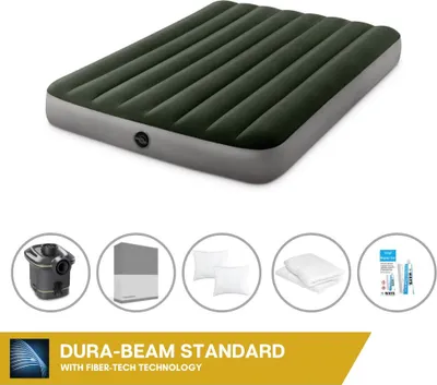 Immagine prodotto di Letto ad aria Intex - 2 persone - 137 x 191 x 25 cm - Verde - Con pompa + lenzuola antracite + cuscino + federe Molton 2 in 1 + set di riparazione