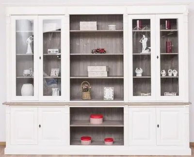 Produktbild von Casa Padrino Landhausstil Bücherschrank Weiß / Braungrau 286 x 51 x H. 228 cm - Massivholz Schrank - Wohnzimmerschrank - Büroschrank - Landhausstil Möbel