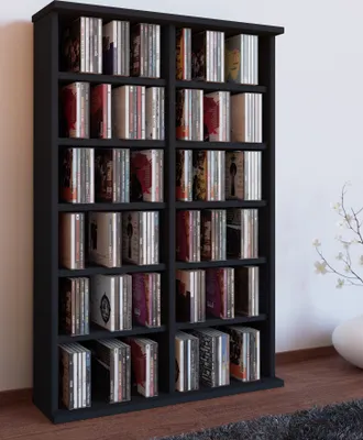 Produktbild von VCM Ronul Regal Holz Schwarz, H 92 x B 60 x T 18 cm, CD/DVD/Blu-ray Regal für 300 CDs, 130 DVDs oder 72 Videos, mit 10 variablen Einlegeböden, stabiler Rückwand, Softkanten, Holzstruktur-Nachbildung, zerlegt, inkl. Montagematerial & Anleitung